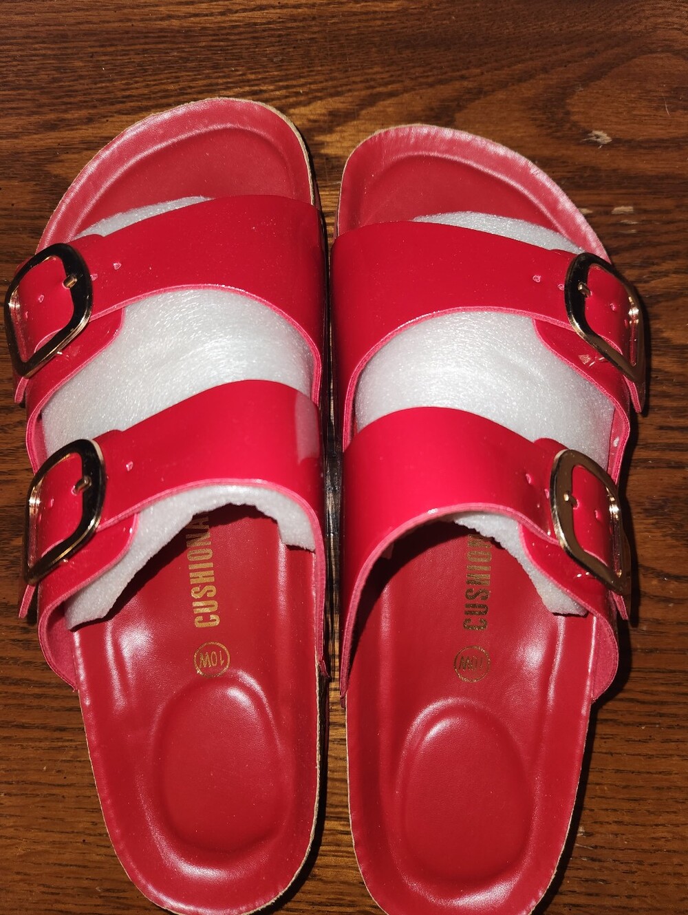 Women’s Red Double-Band Buckle Slide Sandals